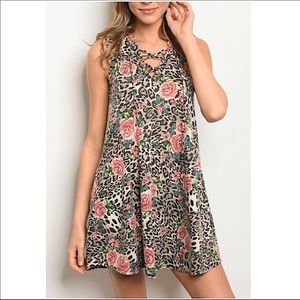 Cotton Bleu Leopard Animal Print and Floral Sleeveless Mini Dress